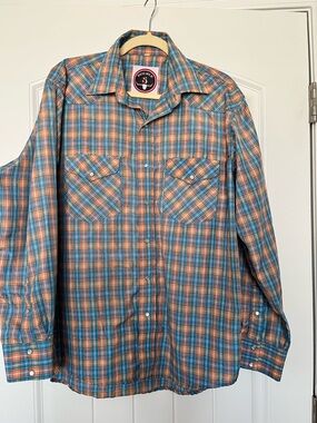 Vintage‎ Double S Western Style Plaid Pearl Snap Shirt in Orange & Blue Large